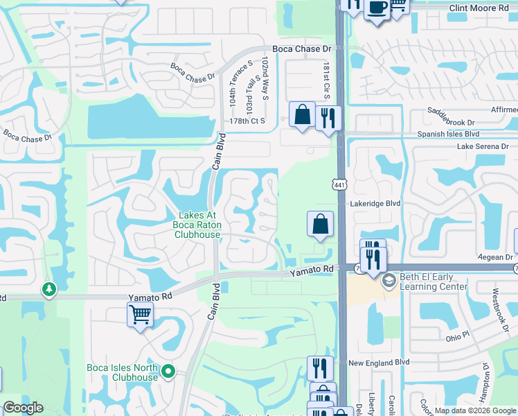 map of restaurants, bars, coffee shops, grocery stores, and more near 10397 Bow Court in Boca Raton