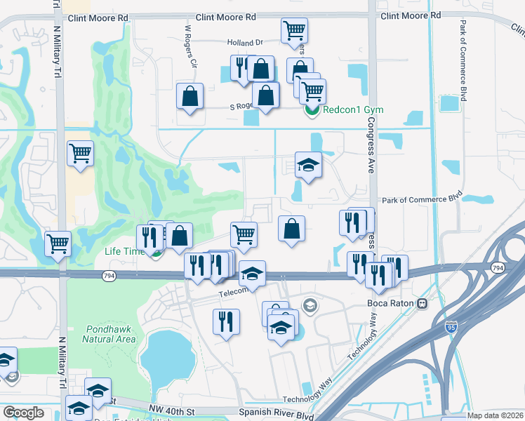 map of restaurants, bars, coffee shops, grocery stores, and more near 5516 Broken Sound Boulevard Northwest in Boca Raton