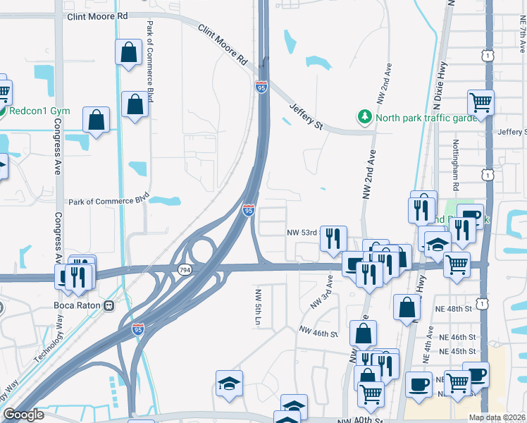 map of restaurants, bars, coffee shops, grocery stores, and more near 541 Northwest 54th Street in Boca Raton