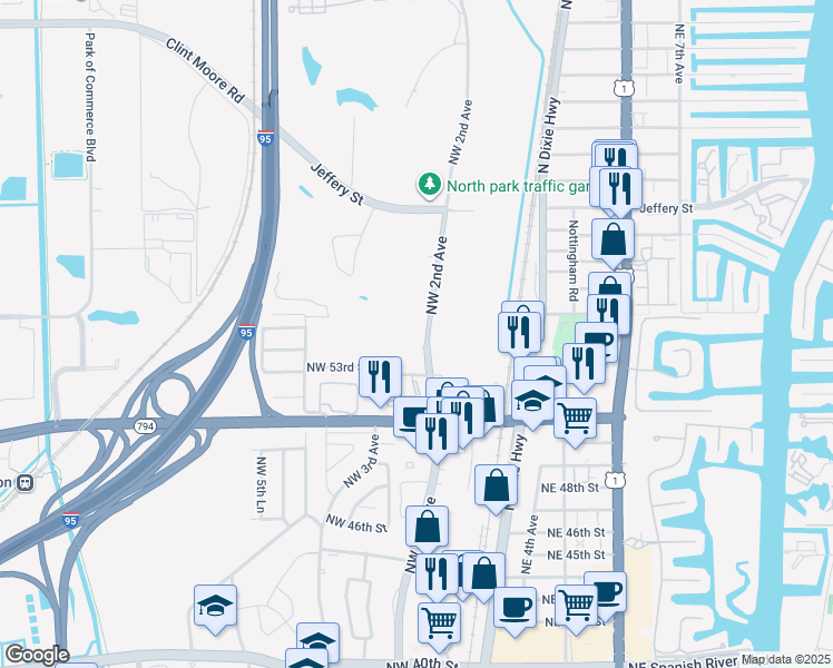 map of restaurants, bars, coffee shops, grocery stores, and more near 299 Northwest 52nd Terrace in Boca Raton