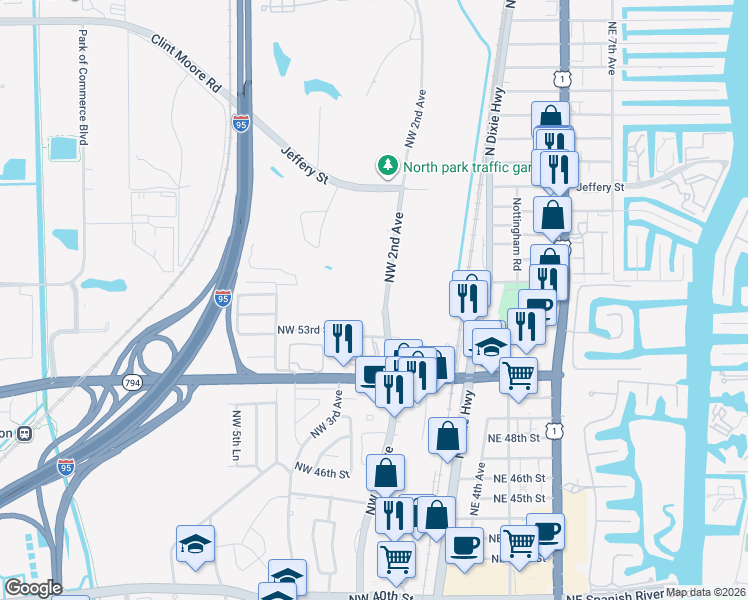 map of restaurants, bars, coffee shops, grocery stores, and more near 299 Northwest 52nd Terrace in Boca Raton