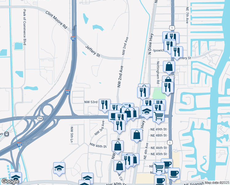 map of restaurants, bars, coffee shops, grocery stores, and more near 299 Northwest 52nd Terrace in Boca Raton