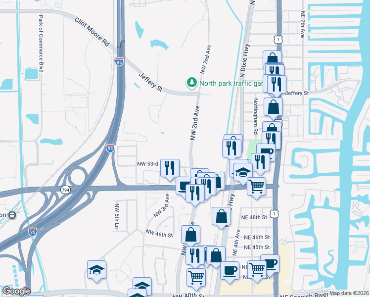 map of restaurants, bars, coffee shops, grocery stores, and more near 299 Northwest 52nd Terrace in Boca Raton