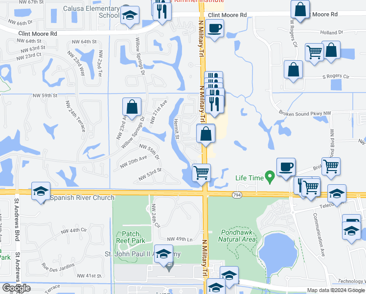 map of restaurants, bars, coffee shops, grocery stores, and more near 5555 North Military Trail in Boca Raton