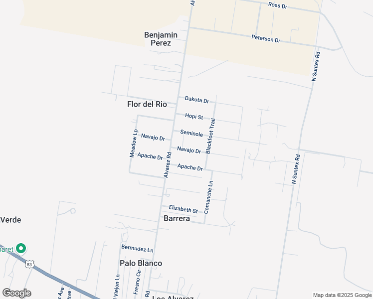 map of restaurants, bars, coffee shops, grocery stores, and more near 427 Apache Drive in Rio Grande City