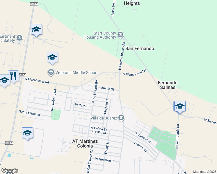 map of restaurants, bars, coffee shops, grocery stores, and more near 1724 Austin Street in Rio Grande City