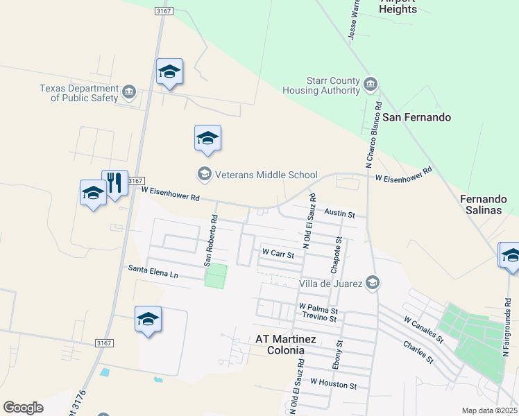 map of restaurants, bars, coffee shops, grocery stores, and more near Eisenhower Rd in Rio Grande City