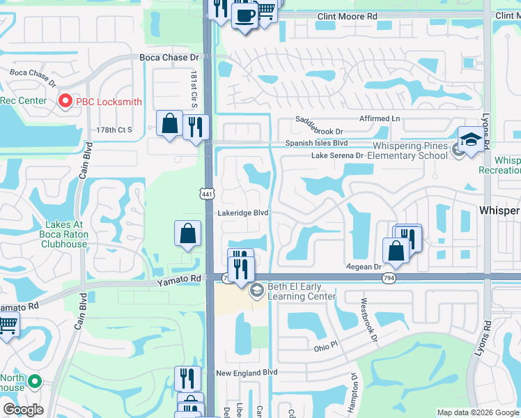 map of restaurants, bars, coffee shops, grocery stores, and more near 9809 Ridge Creek Road in Boca Raton