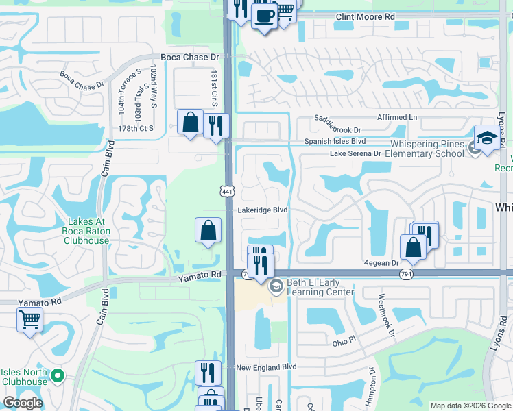 map of restaurants, bars, coffee shops, grocery stores, and more near 9907 Moss Pond Drive in Boca Raton