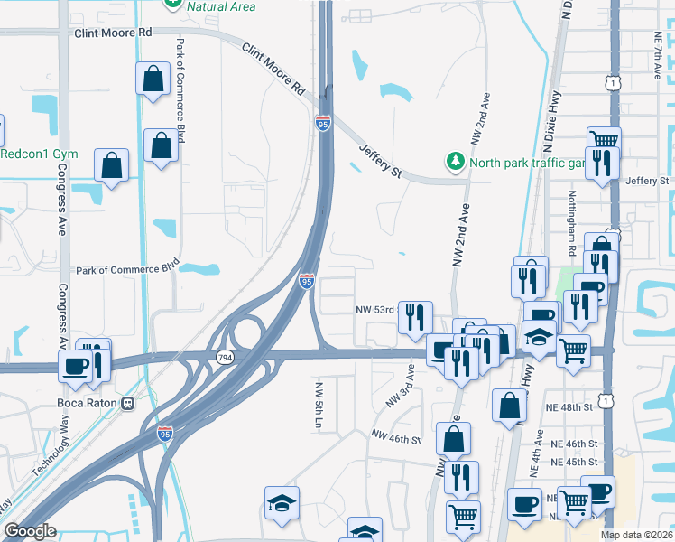 map of restaurants, bars, coffee shops, grocery stores, and more near 532 Northwest 55th Terrace in Boca Raton