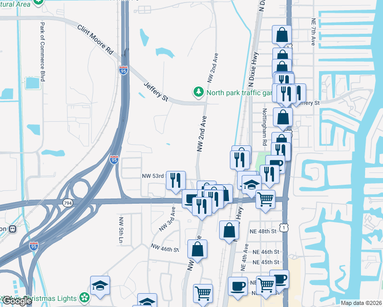 map of restaurants, bars, coffee shops, grocery stores, and more near 5501 Northwest 2nd Avenue in Boca Raton
