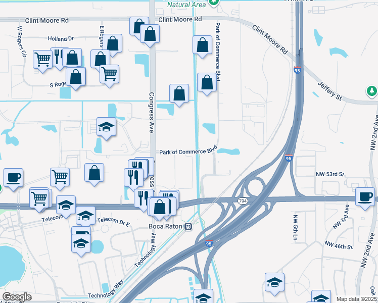 map of restaurants, bars, coffee shops, grocery stores, and more near 750 Park of Commerce Boulevard in Boca Raton