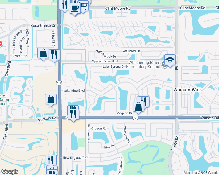 map of restaurants, bars, coffee shops, grocery stores, and more near 9613 Lake Serena Drive in Boca Raton