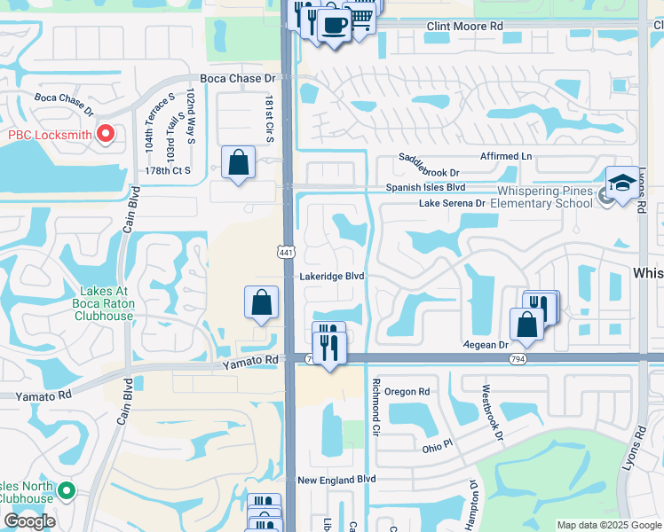 map of restaurants, bars, coffee shops, grocery stores, and more near 9907 Moss Pond Drive in Boca Raton