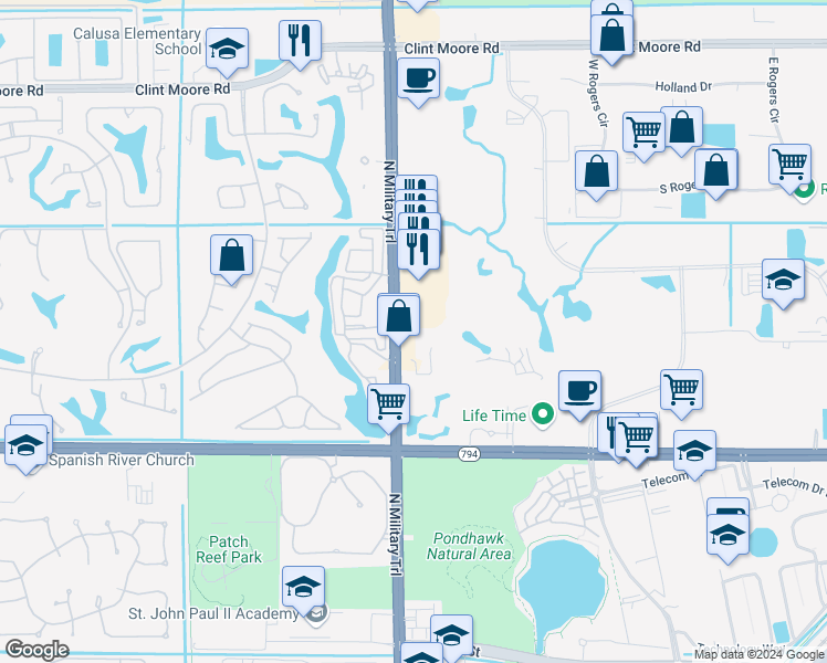map of restaurants, bars, coffee shops, grocery stores, and more near 5500 North Military Trail in Boca Raton