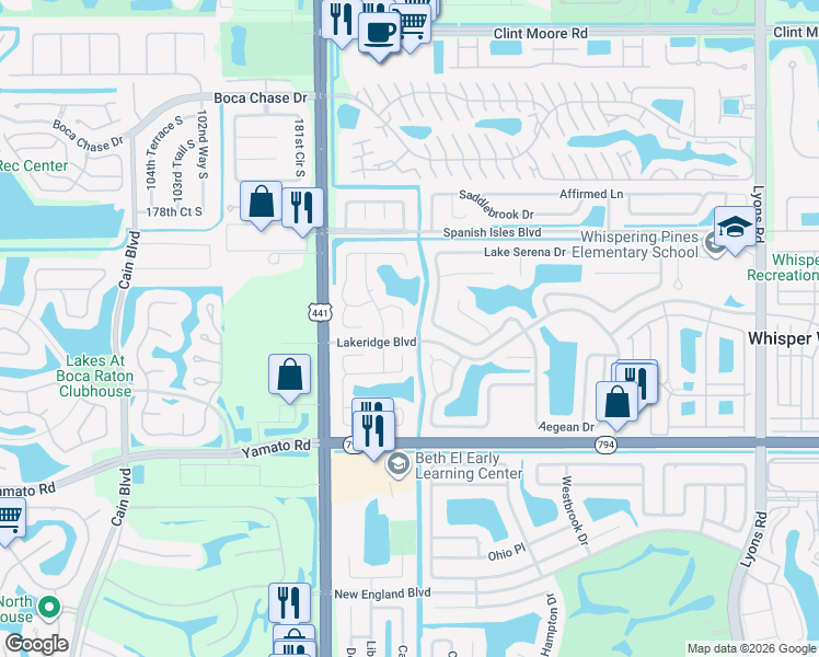 map of restaurants, bars, coffee shops, grocery stores, and more near 9809 Ridge Creek Road in Boca Raton