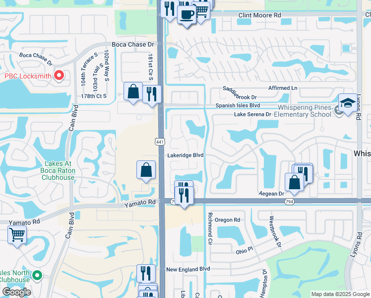 map of restaurants, bars, coffee shops, grocery stores, and more near 9907 Moss Pond Drive in Boca Raton