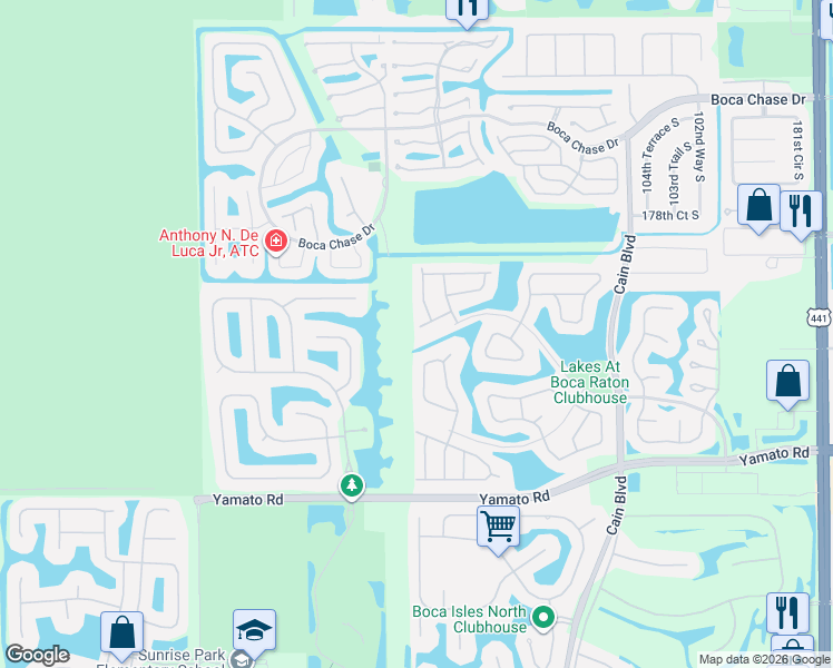 map of restaurants, bars, coffee shops, grocery stores, and more near 10974 North Danbury Way in Boca Raton