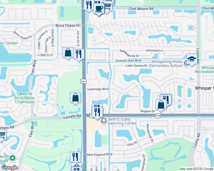 map of restaurants, bars, coffee shops, grocery stores, and more near 9809 Ridge Creek Road in Boca Raton