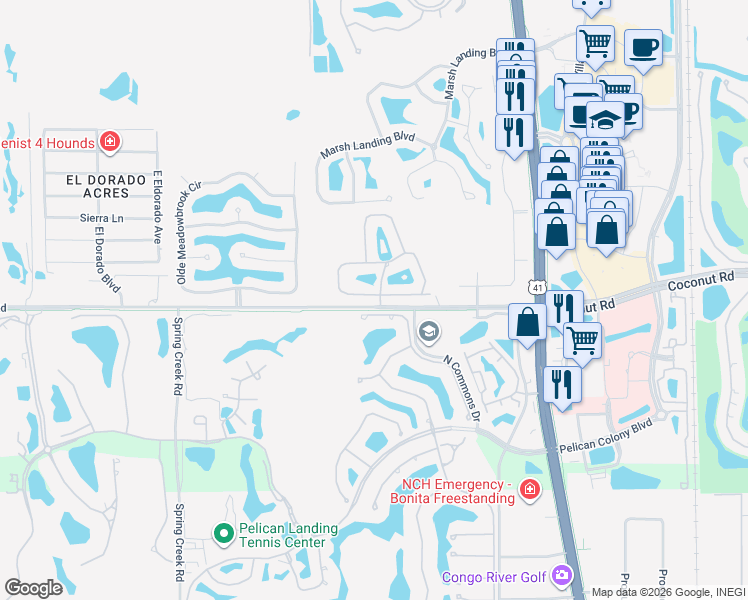 map of restaurants, bars, coffee shops, grocery stores, and more near 3401 Morning Lake Drive in Bonita Springs