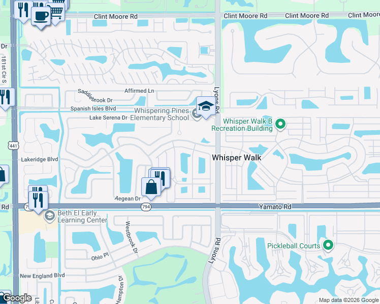 map of restaurants, bars, coffee shops, grocery stores, and more near 18714 Haywood Terrace in Boca Raton