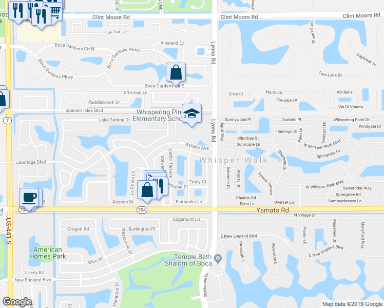 map of restaurants, bars, coffee shops, grocery stores, and more near 18714 Haywood Terrace in Boca Raton