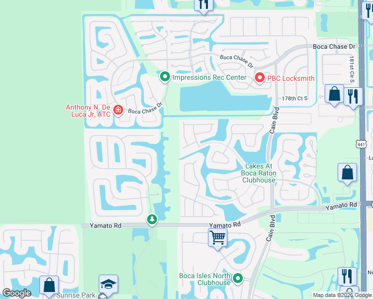 map of restaurants, bars, coffee shops, grocery stores, and more near 10938 North Danbury Way in Boca Raton