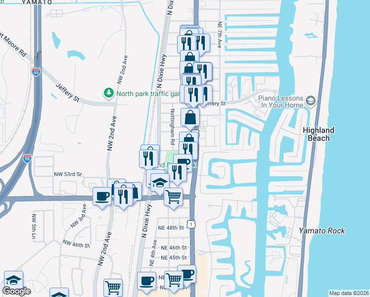 map of restaurants, bars, coffee shops, grocery stores, and more near 409 Newcastle Street in Boca Raton