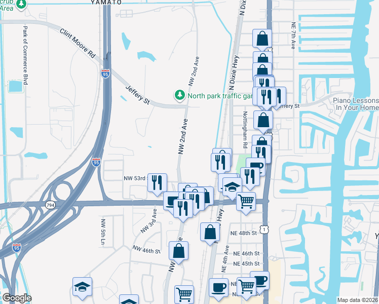 map of restaurants, bars, coffee shops, grocery stores, and more near 5401 Northwest 2nd Avenue in Boca Raton