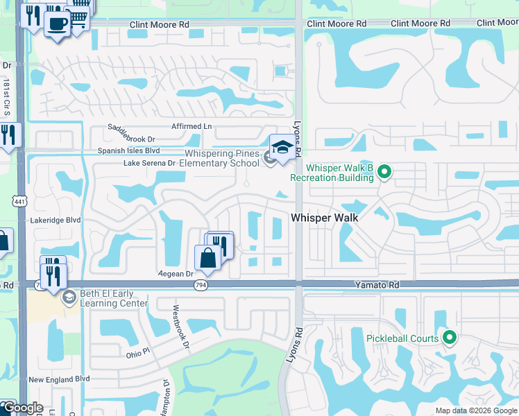 map of restaurants, bars, coffee shops, grocery stores, and more near 18714 Haywood Terrace in Boca Raton