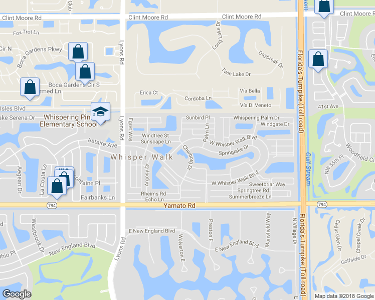 map of restaurants, bars, coffee shops, grocery stores, and more near 10775 Springlake Drive in Boca Raton