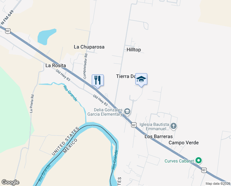 map of restaurants, bars, coffee shops, grocery stores, and more near 43 Guerra Garza Road in Rio Grande City