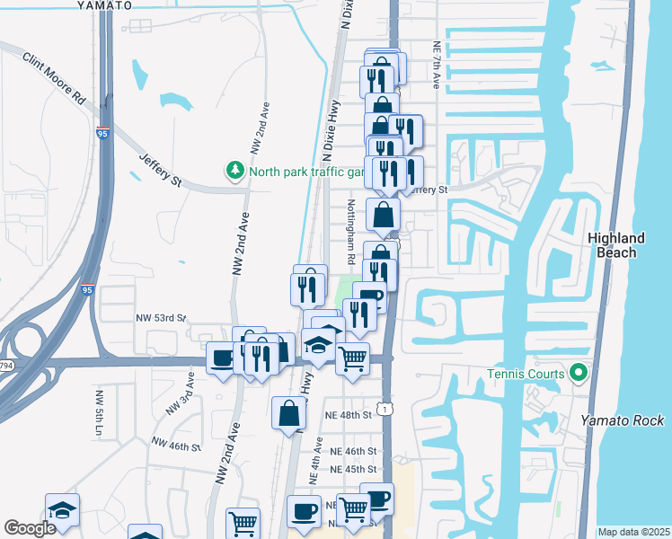 map of restaurants, bars, coffee shops, grocery stores, and more near 151 Newcastle Street in Boca Raton
