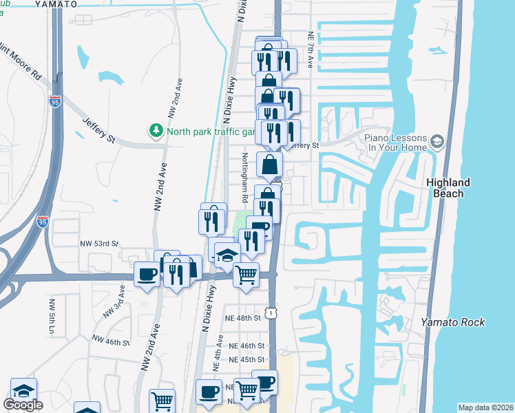 map of restaurants, bars, coffee shops, grocery stores, and more near 409 Newcastle Street in Boca Raton
