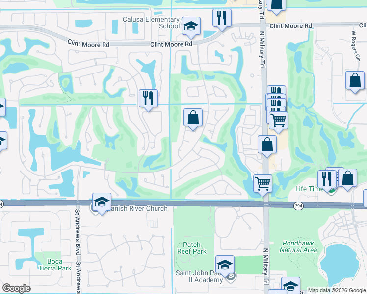 map of restaurants, bars, coffee shops, grocery stores, and more near 2299 Northwest 55th Street in Boca Raton