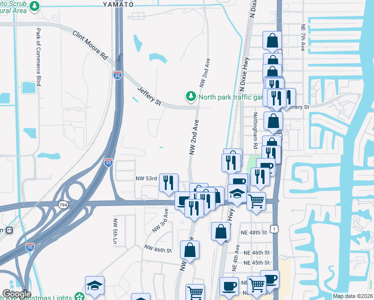 map of restaurants, bars, coffee shops, grocery stores, and more near 5401 Northwest 2nd Avenue in Boca Raton
