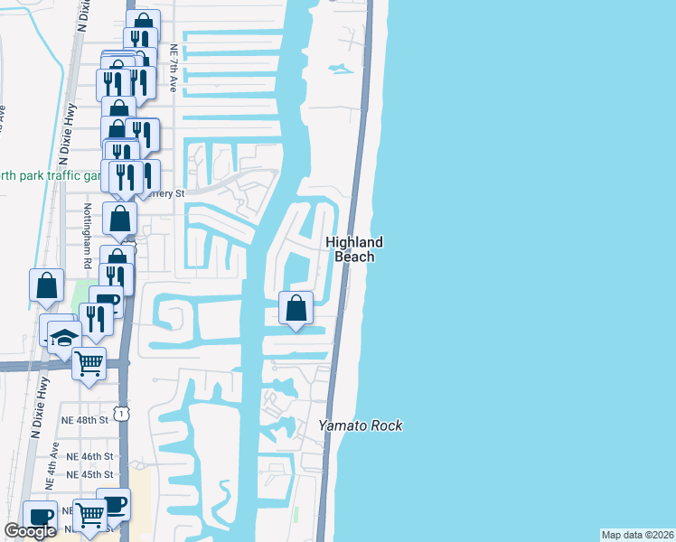 map of restaurants, bars, coffee shops, grocery stores, and more near 4319 Tranquility Drive in Highland Beach