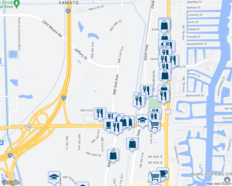 map of restaurants, bars, coffee shops, grocery stores, and more near 5401 Northwest 2nd Avenue in Boca Raton