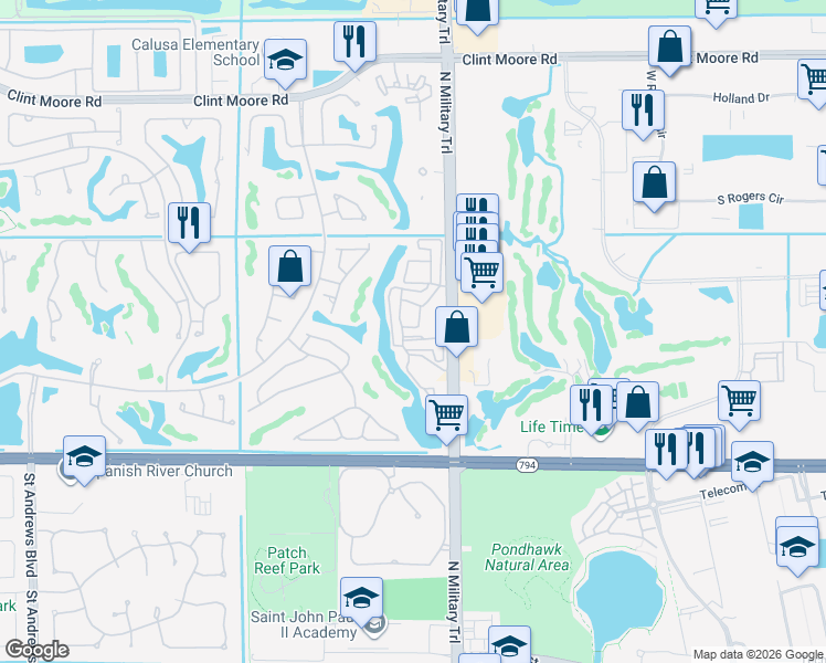 map of restaurants, bars, coffee shops, grocery stores, and more near 5513 North Military Trail in Boca Raton