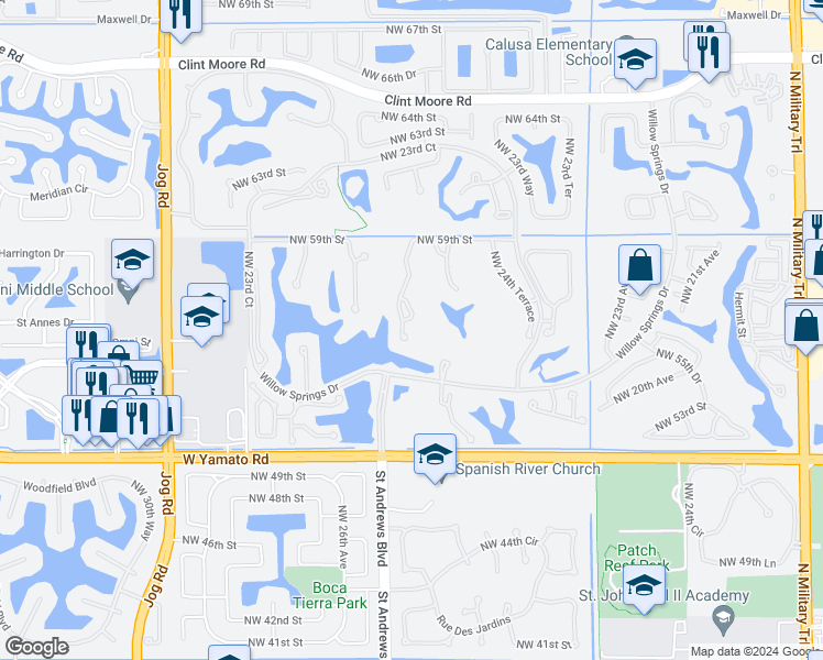 map of restaurants, bars, coffee shops, grocery stores, and more near 2491 Northwest 59th Street in Boca Raton