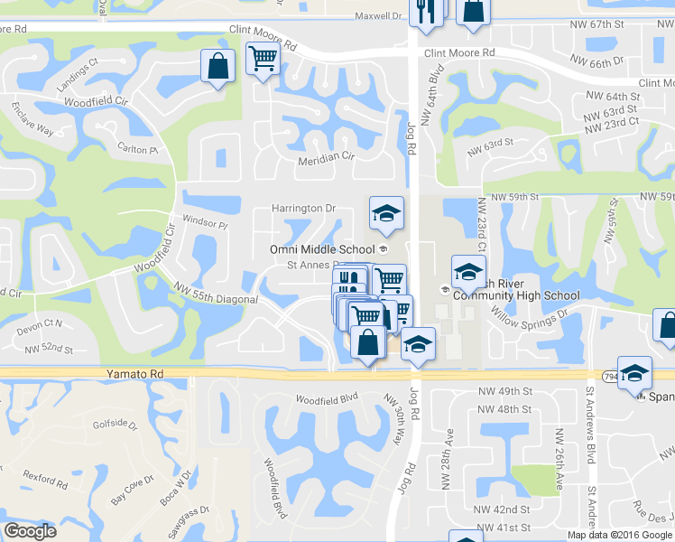 map of restaurants, bars, coffee shops, grocery stores, and more near 3129 Westminster Drive in Boca Raton