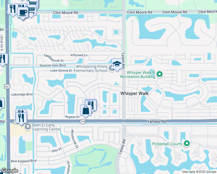 map of restaurants, bars, coffee shops, grocery stores, and more near 18714 Haywood Terrace in Boca Raton