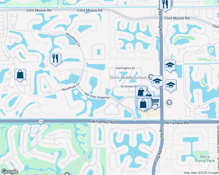 map of restaurants, bars, coffee shops, grocery stores, and more near 5700 Hamilton Way in Boca Raton