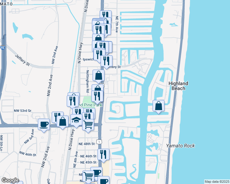 map of restaurants, bars, coffee shops, grocery stores, and more near 660 Northeast Francesca Lane in Boca Raton