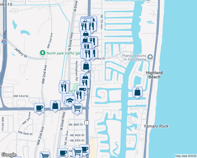 map of restaurants, bars, coffee shops, grocery stores, and more near 660 Northeast Francesca Lane in Boca Raton