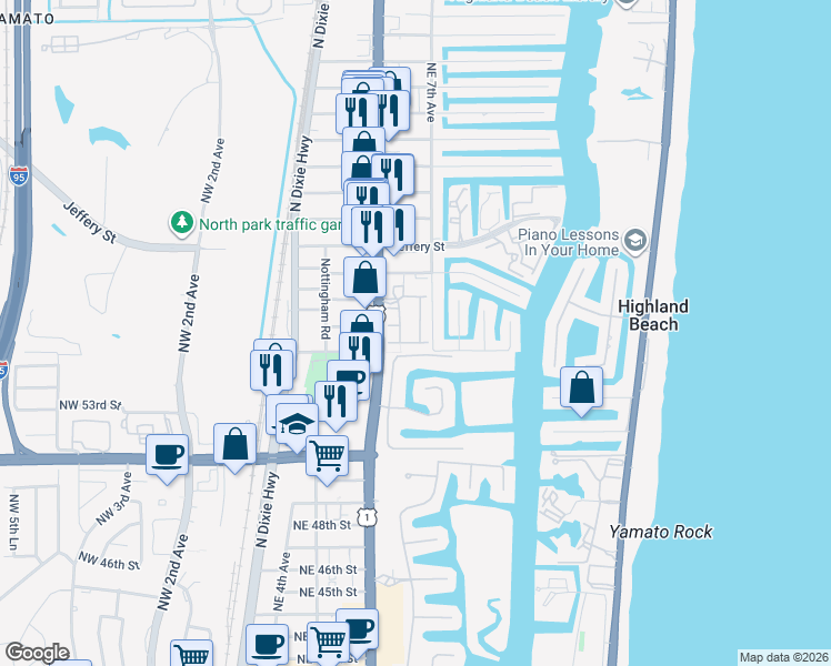 map of restaurants, bars, coffee shops, grocery stores, and more near 660 Northeast Francesca Lane in Boca Raton