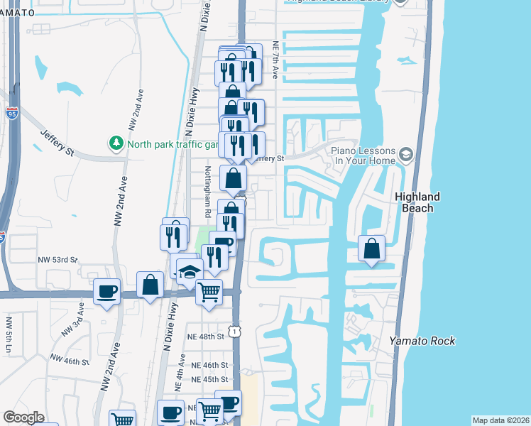 map of restaurants, bars, coffee shops, grocery stores, and more near 5545 Northeast Trieste Way in Boca Raton