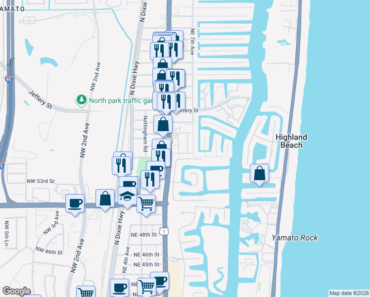 map of restaurants, bars, coffee shops, grocery stores, and more near 660 Northeast Francesca Lane in Boca Raton