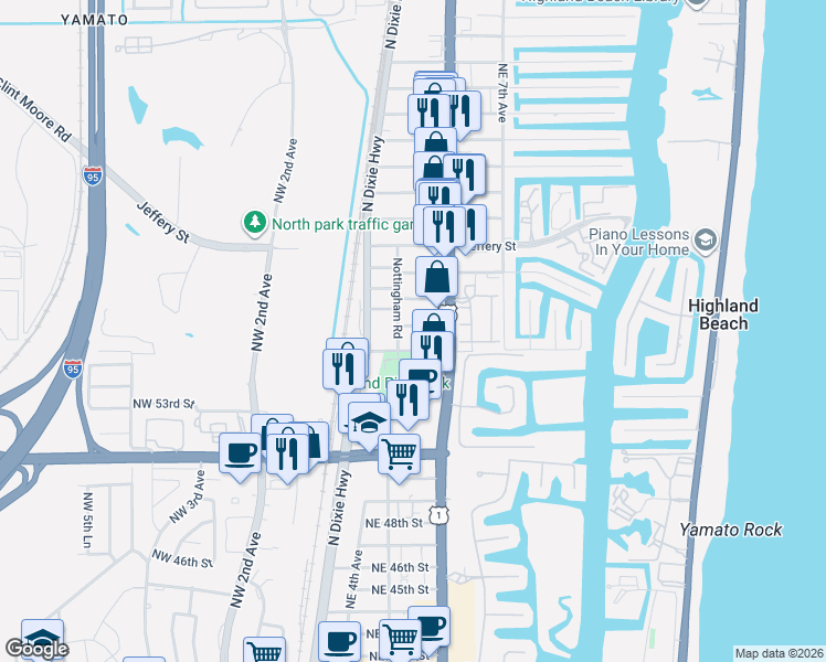 map of restaurants, bars, coffee shops, grocery stores, and more near 409 Newcastle Street in Boca Raton