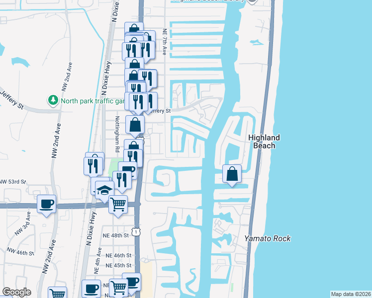 map of restaurants, bars, coffee shops, grocery stores, and more near 761 Newcastle Street in Boca Raton